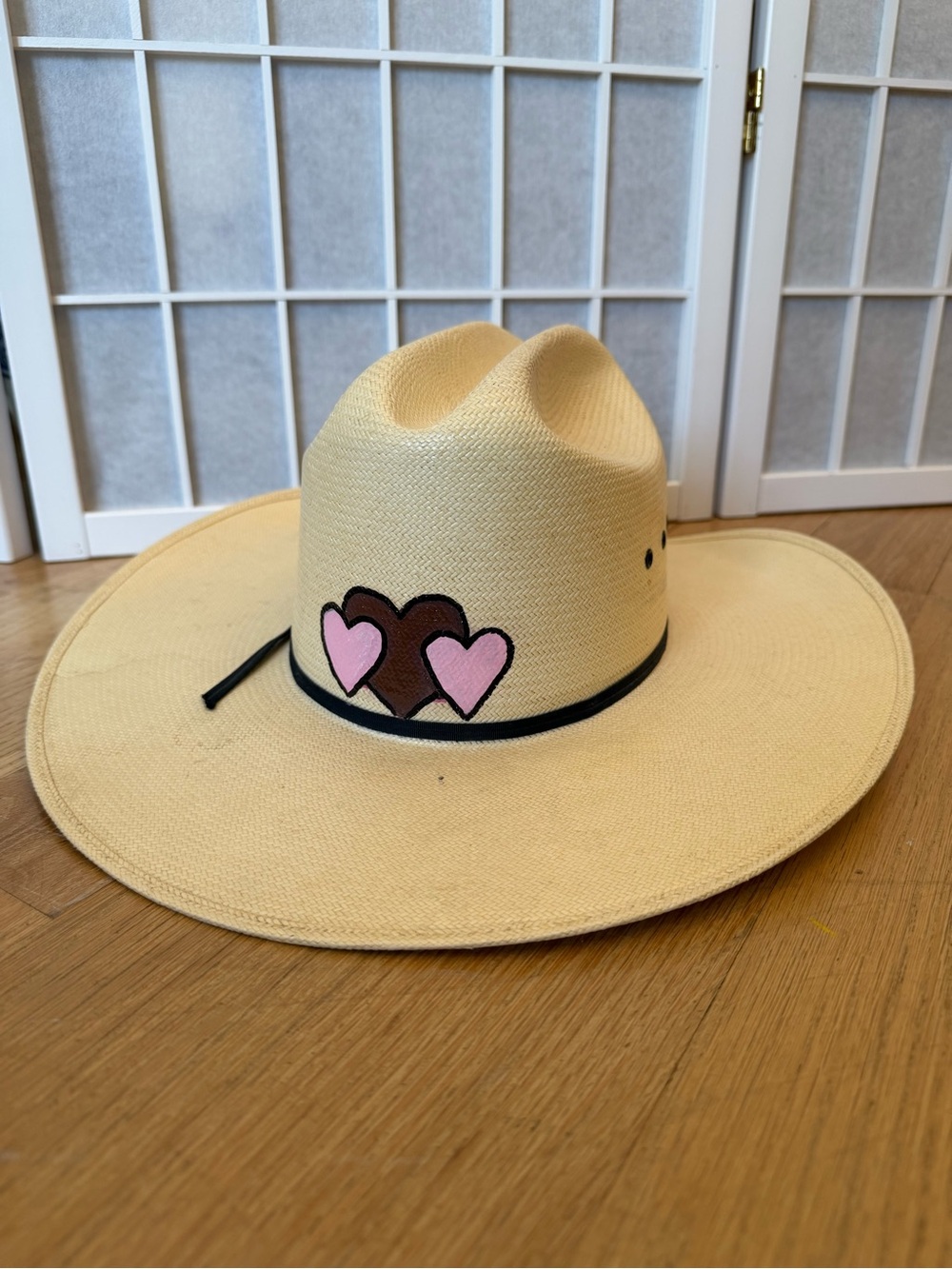 Larry Mahan Cream Straw Cowboy Hat with Pink Heart Accents